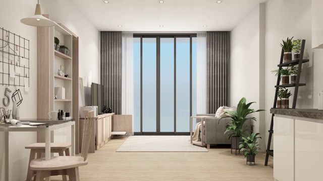 现代的客厅在公寓与现代现代风格的室内和木地板与家具内建在3d渲染视频下载
