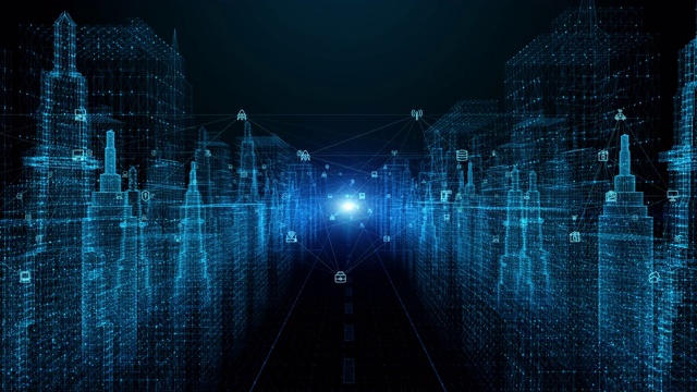 数字城市，数字空间与粒子和数字数据网络连接，5g高速连接数据分析过程运动背景概念。视频素材