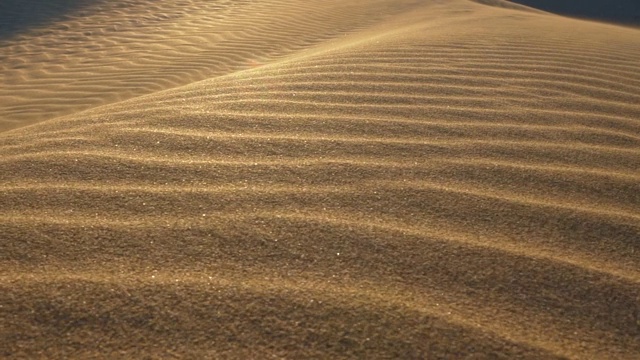 沙丘沙漠沙抽象拍摄。沙粒在风中飘动。阳光反射在褶皱的沙面上。慢动作镜头视频素材