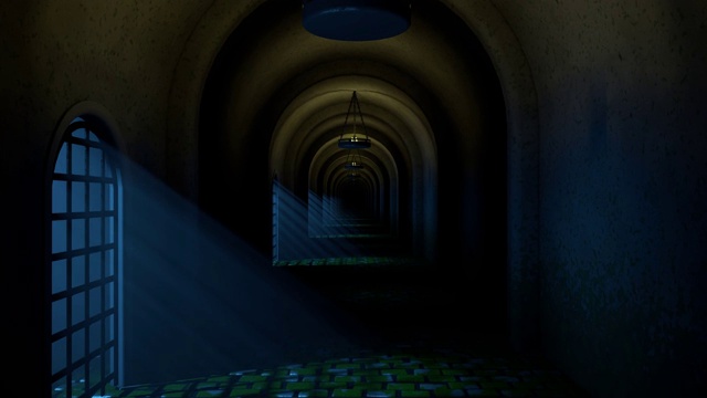 可怕的中世纪监狱走廊的夜晚。视频素材