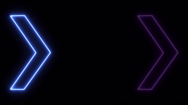 4k霓虹蓝色紫色光箭头方向上的黑色黑底视频素材