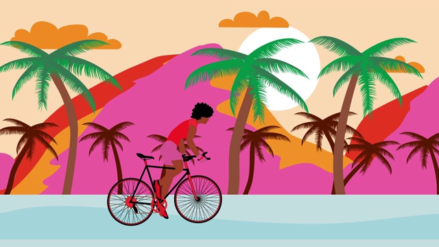 一位骑自行车的非洲裔美国妇女在日落的海滩上骑自行车。夏季卡通动画，平面设计，循环4k视频下载