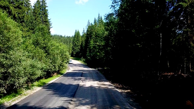 女人独自走在森林道路中间，从车旁跑开视频下载