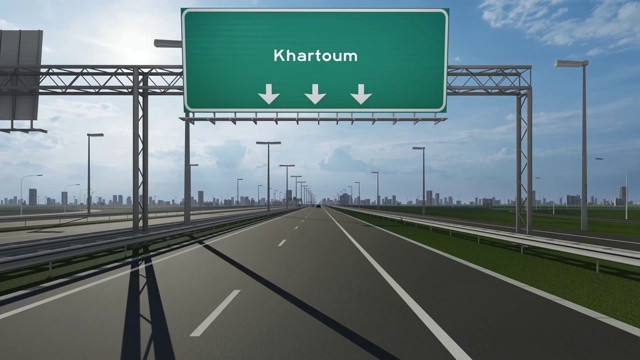 喀土穆市公路路牌上的概念性库存录象显示进入城市的入口视频素材