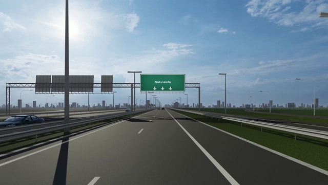 努库阿洛法市高速公路上的广告牌上，概念性的录像显示了进入城市的入口视频下载