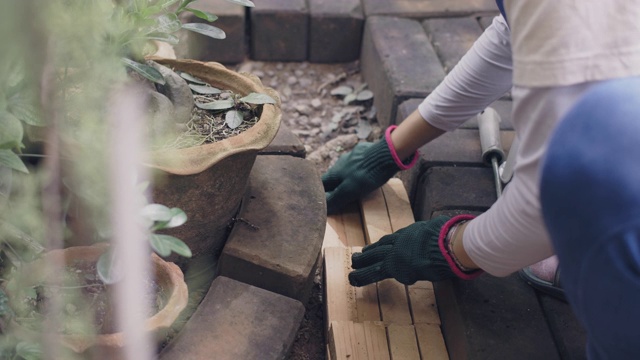 女园丁用砖来装饰花园，铺在走道上。视频下载