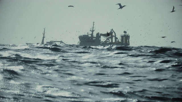 渔船在冬天波涛汹涌的海面上捕鱼视频素材