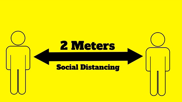 黄色背景下保持2米社交距离的数字人类图标视频下载