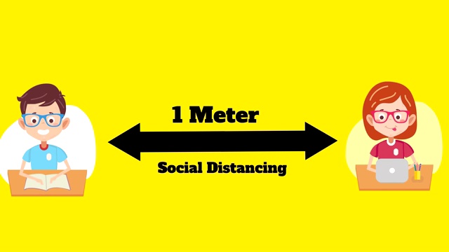 在黄色背景下，女学生和男学生的图标保持1米的社交距离视频下载