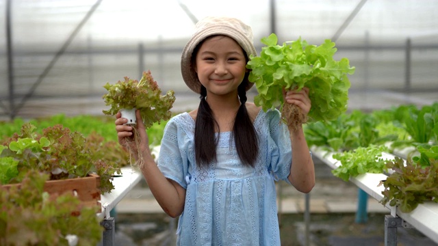 可爱的亚洲女孩在hydro农场玩得很开心视频下载