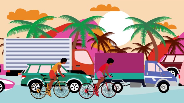 骑自行车的非洲裔美国人骑着自行车经过交通堵塞的海滩道路棕榈。卡通动画，平面设计，4k循环视频下载