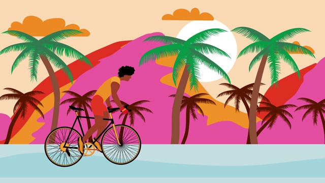 骑自行车的非裔美国人在日落的海滩上骑自行车。夏季卡通动画，平面设计，循环4k视频下载