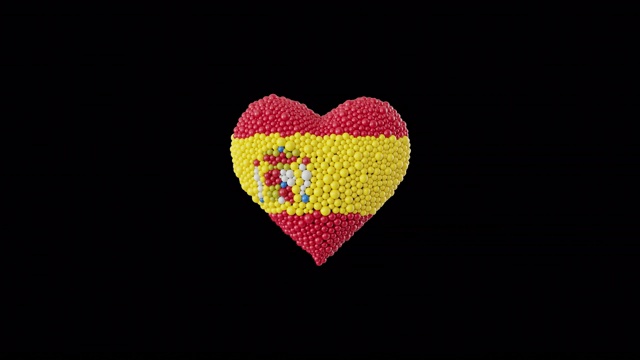 西班牙国庆节。10月12日。心动画与阿尔法磨砂。用闪亮的心形球体做成的动画。视频下载