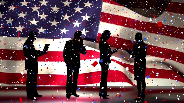 美国国旗上商人剪影的彩色纸屑飘落下来视频素材