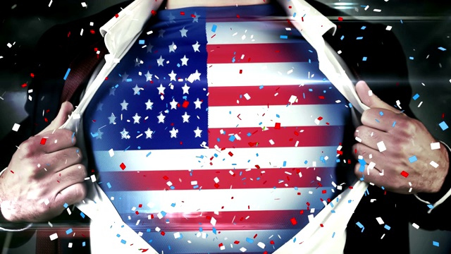 五彩纸屑飘落在胸前插着美国国旗的男子身上视频素材