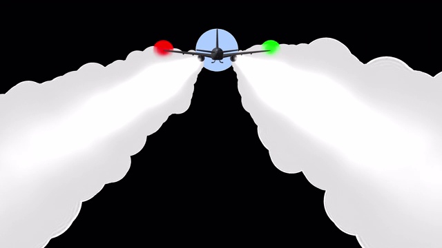 一个飞行的3D飞机模型与工作的涡轮机，运行灯和打开起落架计划在一个透明的背景。视频下载