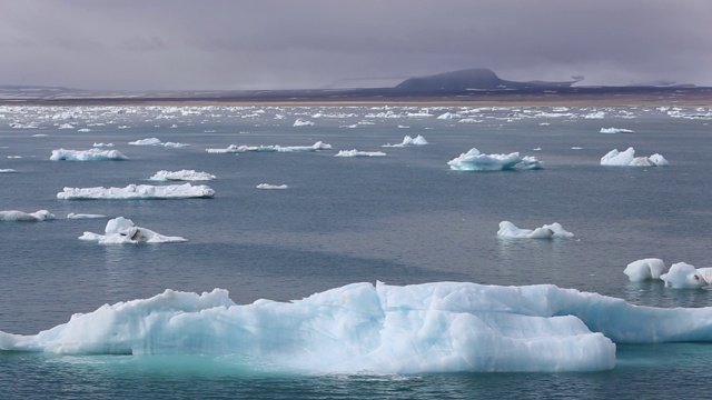 来自斯瓦尔巴群岛北部诺多斯兰代岛冰川的冰山。所有斯瓦尔巴群岛的冰川都在退缩，即使是在群岛北部，尽管距离北极只有大约600英里。视频素材