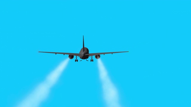 一个飞行的3D飞机模型与工作的涡轮机，运行灯和打开起落架计划在一个蓝色的背景。视频下载