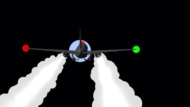 一个飞行的3D飞机模型与工作的涡轮机，运行灯和打开起落架计划在一个透明的背景。视频下载