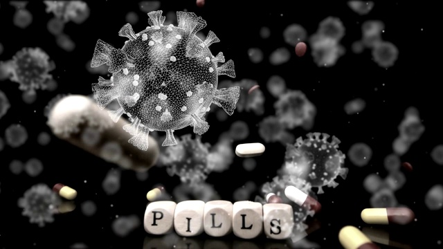 漂浮的宏观Covid-19细胞在落下的药丸和带有文字药丸的拼字块上的动画视频下载