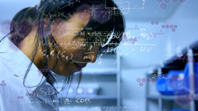 浮动的数学方程和化学结构的动画混合种族女医生视频下载