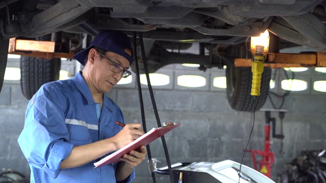 汽车修理工检查一辆被吊起的汽车的SUV悬挂的滑动镜头。在汽车修理厂工作的有经验的汽车维修技师。修理工在他的车间修理汽车视频素材