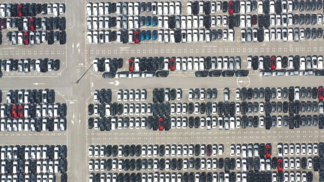 鸟瞰图的新汽车排队在工业港。视频下载
