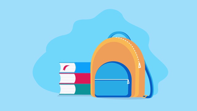 动画学校的背包，书，苹果，铅笔学校物品供应移动在蓝色的背景。视频下载