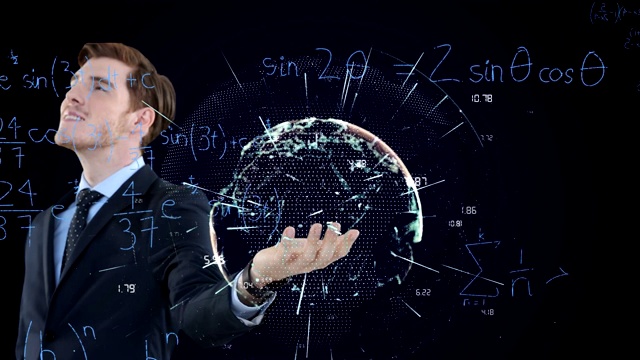 动画白种人呈现三维地球模型与数学公式图标上的黑色背景视频下载