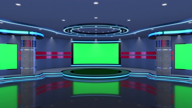 电视演播室，虚拟演播室。理想的绿色丝网合成。跟踪标记提供了运动和屏幕更换。视频下载