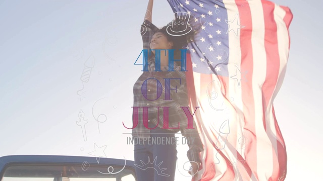 年轻的混合种族妇女跳舞和举着美国国旗与独立日期前景视频素材