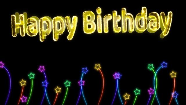 生日快乐彩虹彩色文字效果和花朵星星霓虹灯标志元素在黑色屏幕上跳舞视频素材