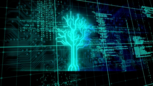 动画霓虹，蓝色树在数据处理和统计。视频下载