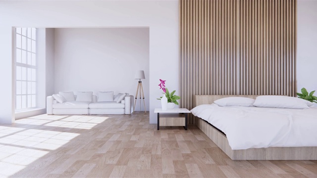 家庭内墙模拟与木床在卧室的最小设计。3 d渲染。视频下载