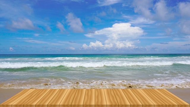 木桌和沙滩在夏天的阳光下视频下载