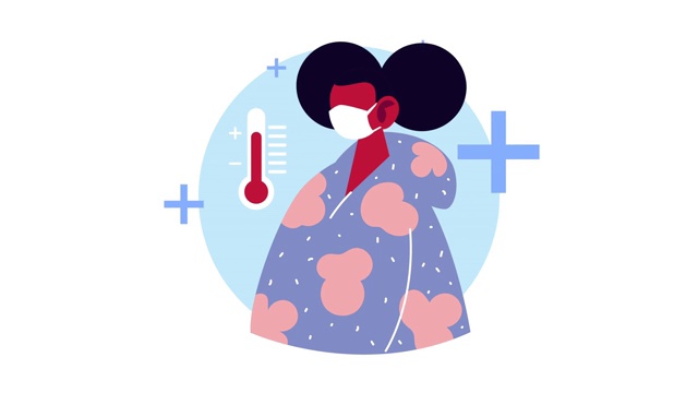 女性患者戴2019冠状病毒病医用口罩，佩戴体温计视频素材