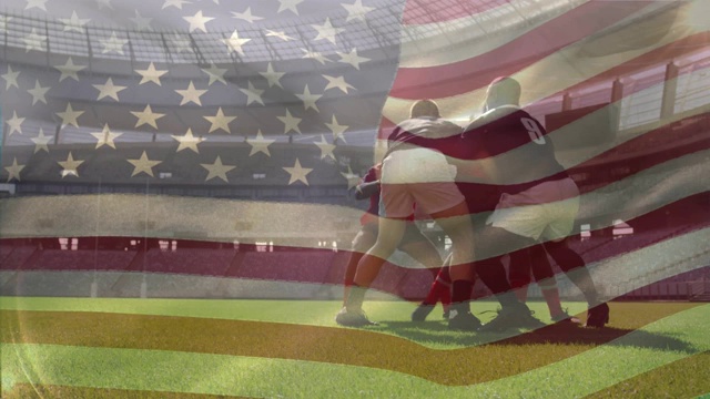 两支多民族橄榄球队在橄榄球比赛中挥舞美国国旗的动画视频下载
