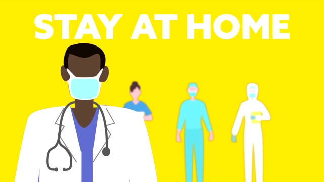 社交距离信息动画，医生戴口罩，医务人员站在后面视频下载