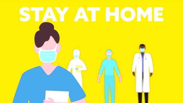 社交距离信息的动画护士戴口罩，医务人员站着b视频下载
