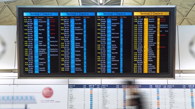 时间流逝。人们在国际机场看航班信息板，检查他们的航班。视频素材