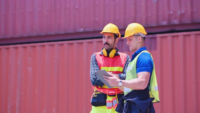 两名货运集装箱工人在货运集装箱工作区域情绪严肃地讨论和环顾四周视频素材