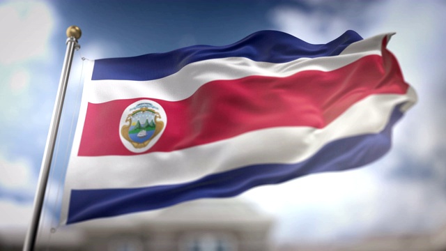 哥斯达黎加国旗挥舞慢动作3D渲染蓝天背景-无缝循环4K视频下载