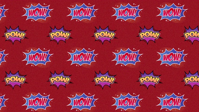 动画的多个卡通泡沫与WOW和POW写在黄色和红色的红色背景视频下载