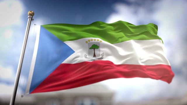 赤道几内亚国旗挥舞慢动作3D渲染蓝天背景-无缝循环4K视频素材