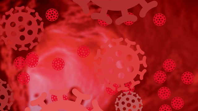 宏观红色冠状病毒细胞在红色背景上旋转和扩散的动画视频素材