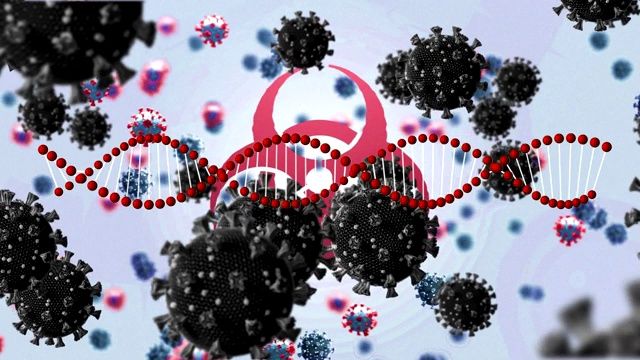 生物危害标志、蓝色背景下的Covid-19细胞和DNA结构视频下载