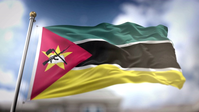 莫桑比克旗帜挥舞慢动作3D渲染蓝天背景-无缝循环4K视频素材