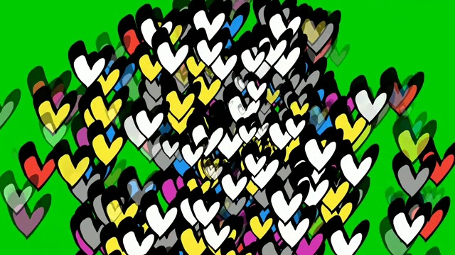 彩色心形爱象征卡通动画在绿色屏幕上。坠入爱河和情人节的概念。色度键和alpha通道视频素材