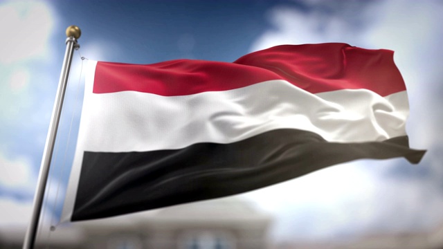 也门国旗挥舞慢动作3D渲染蓝天背景-无缝循环4K视频下载