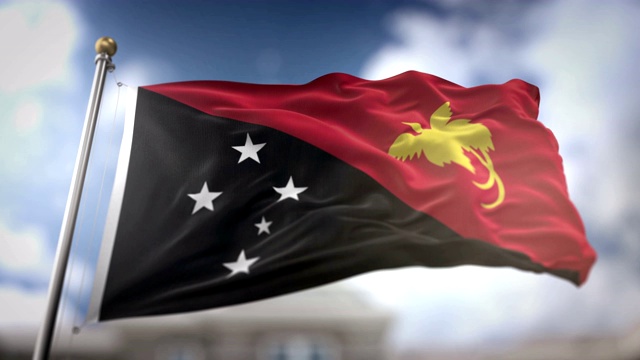 巴布亚新几内亚国旗挥舞慢动作3D渲染蓝天背景-无缝循环4K视频下载